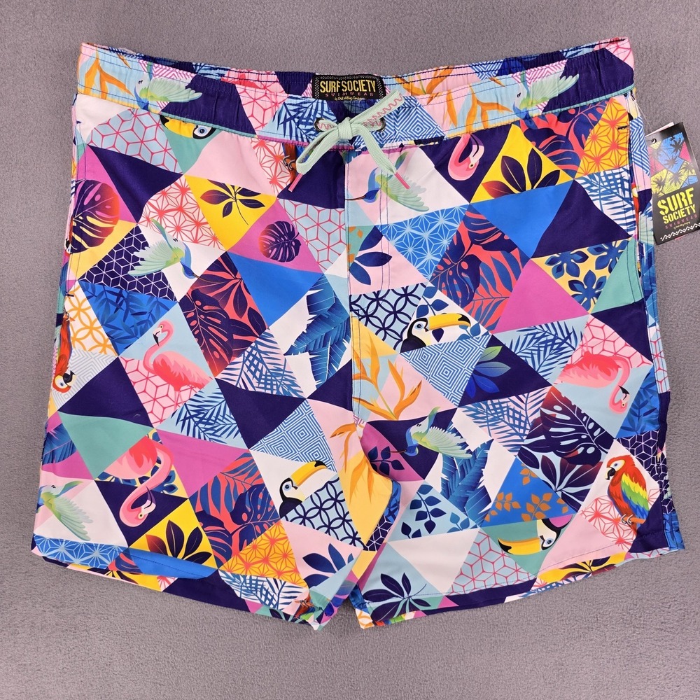 New Surf Society Swim Trunks Men's XL Geometric Summer Art Colorful Beach Cruise